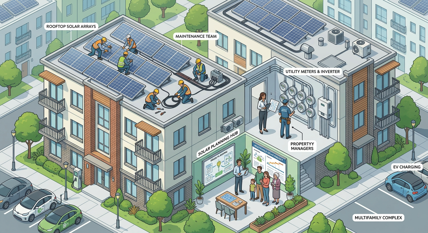 Independent Solar | Multifamily Solar Panel Installation: What Owners Need to Know Modern isometric-style scene of a multifamily solar planning process, showing rooftop arrays, utility meters, maintenance ...