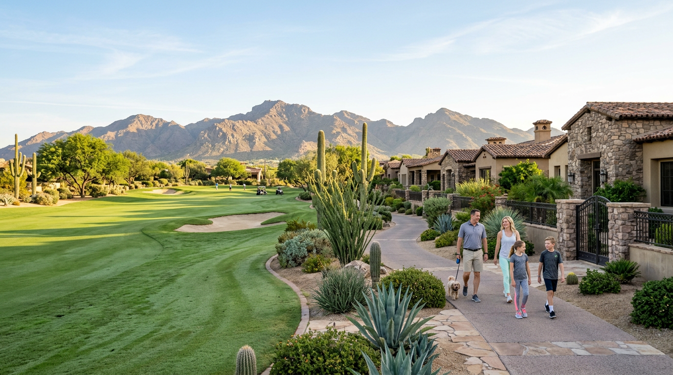 High-end neighborhood scene showing a Scottsdale golf course fairway beside a gated luxury home street, with a family walk...