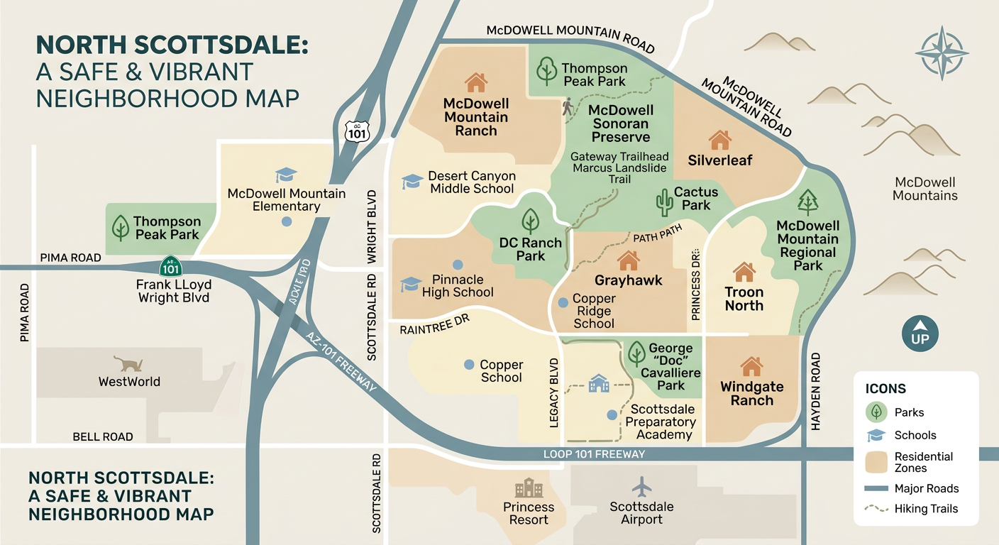 Modern infographic-style neighborhood map of North Scottsdale showing safe residential zones, parks, schools, and major ro...