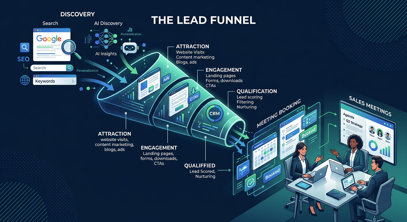 B2B Lead Generation Marketing Strategy That Drives Real Leads 2 Modern editorial-style illustration of a lead funnel flowing from search and AI discovery into qualified sales meetings, s...