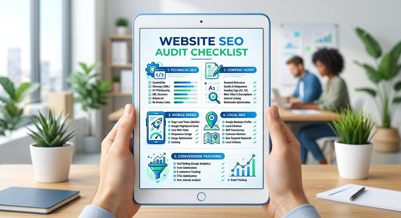 A clean, modern infographic-style illustration of a website SEO audit checklist on a tablet, with icons for technical SEO,...