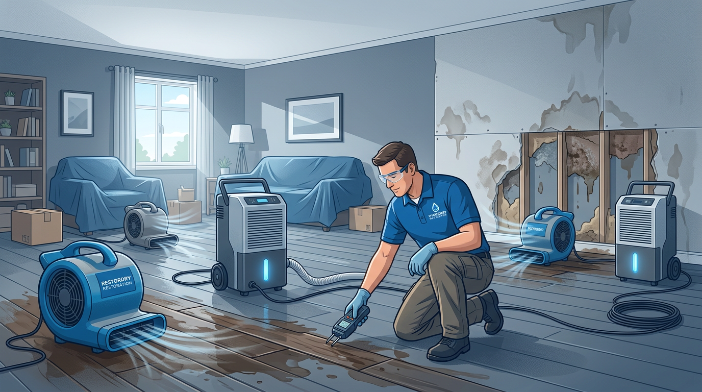 Professional in-content image, modern illustration of a water-damaged home interior being restored, with visible drying fa...