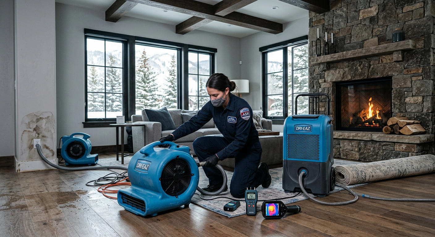 Modern in-content photorealistic scene showing a technician setting up drying equipment and moisture control tools inside ...