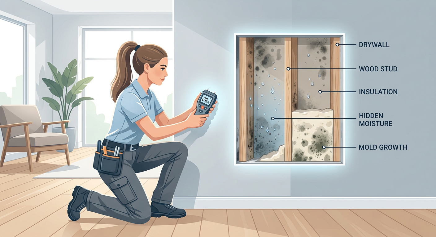 Modern in-content illustration of a technician using a moisture meter near a wall, with a cutaway view suggesting hidden m...