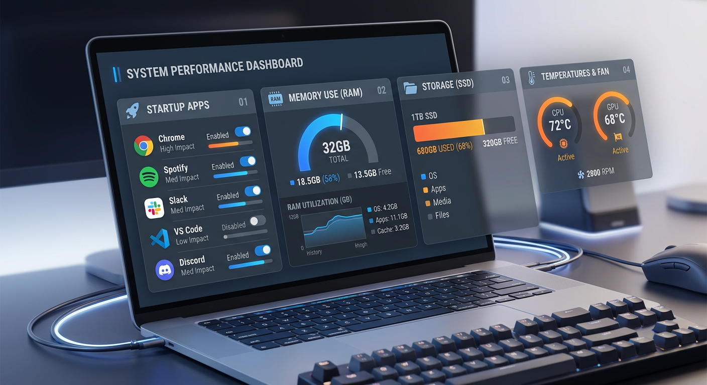 An illustrated close-up of a laptop performance dashboard showing startup apps, memory use, disk space, and temperature in...