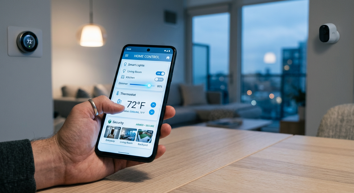 A close-up photorealistic scene of a hand using a smartphone app to control smart lights, a thermostat, and a security cam...