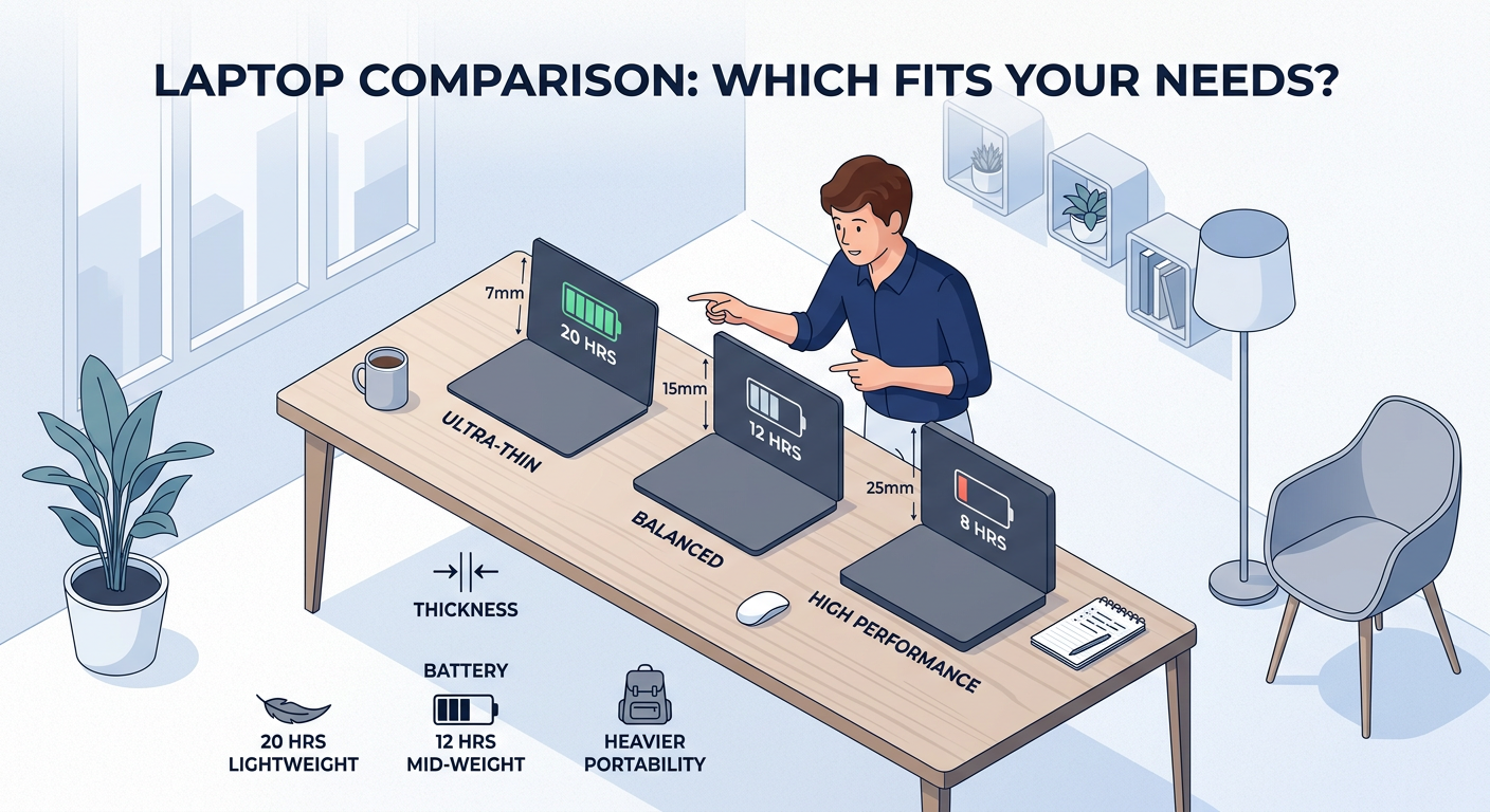 A modern isometric illustration of a person comparing three laptop silhouettes on a desk, with clear visual emphasis on th...