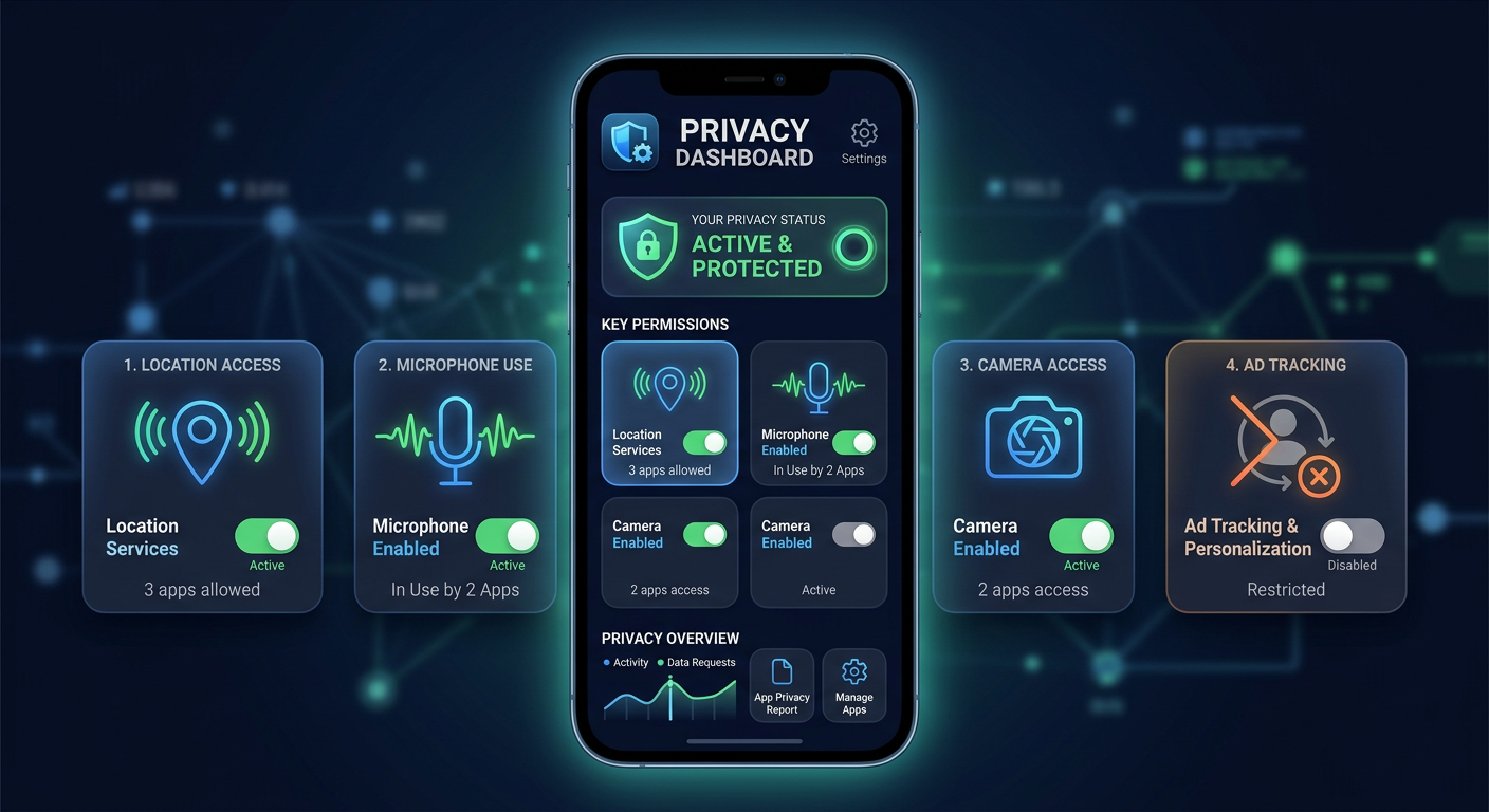 A clean modern illustration of a smartphone privacy dashboard with toggles, location pin, microphone, camera, and ad track...