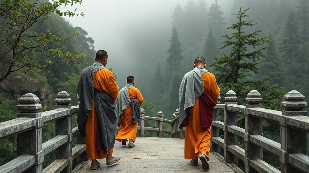 Moines bouddhistes sur un sentier de la montagne sacrée Heng Shan dans le Hunan, Chine