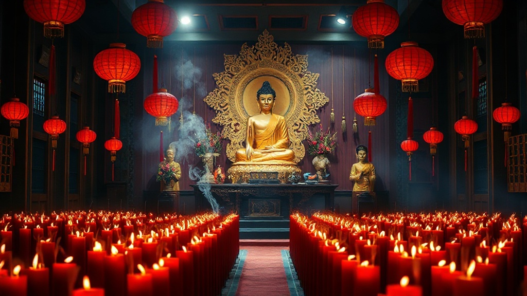 Intérieur d'un temple bouddhiste du Hunan avec bougies rouges, statue dorée et encens