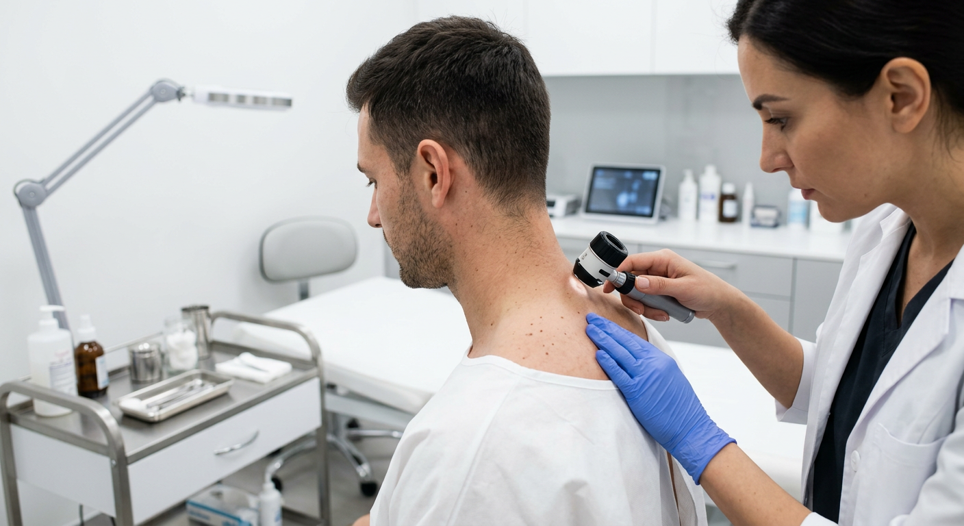 Male Back And Neck Hair Grooming: A Practical Guide | Electrolysis Permanent Hair Removal in Phoenix | Senza Pelo Med Spa Modern photorealistic close-up of a male neckline and upper back being evaluated by a specialist in a bright treatment roo...
