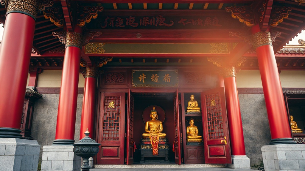 Façade du temple Nanyue Damiao avec ses colonnes rouges laquées et ses toits sculptés, Hunan, Chine
