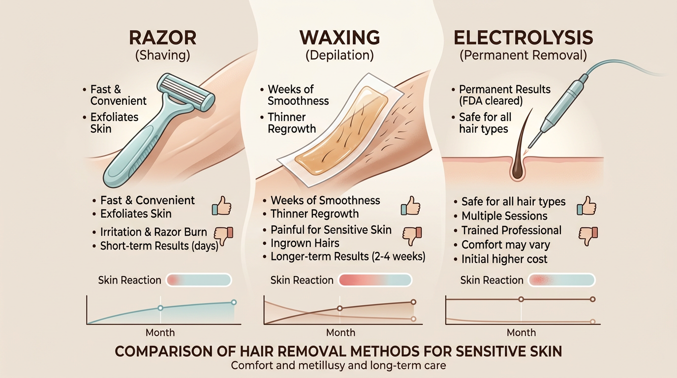 Best Hair Removal for Sensitive Skin: What Actually Works | Electrolysis Permanent Hair Removal in Phoenix | Senza Pelo Med Spa Modern illustrative close-up of three hair removal methods compared for sensitive skin, a clean composition showing a razo...