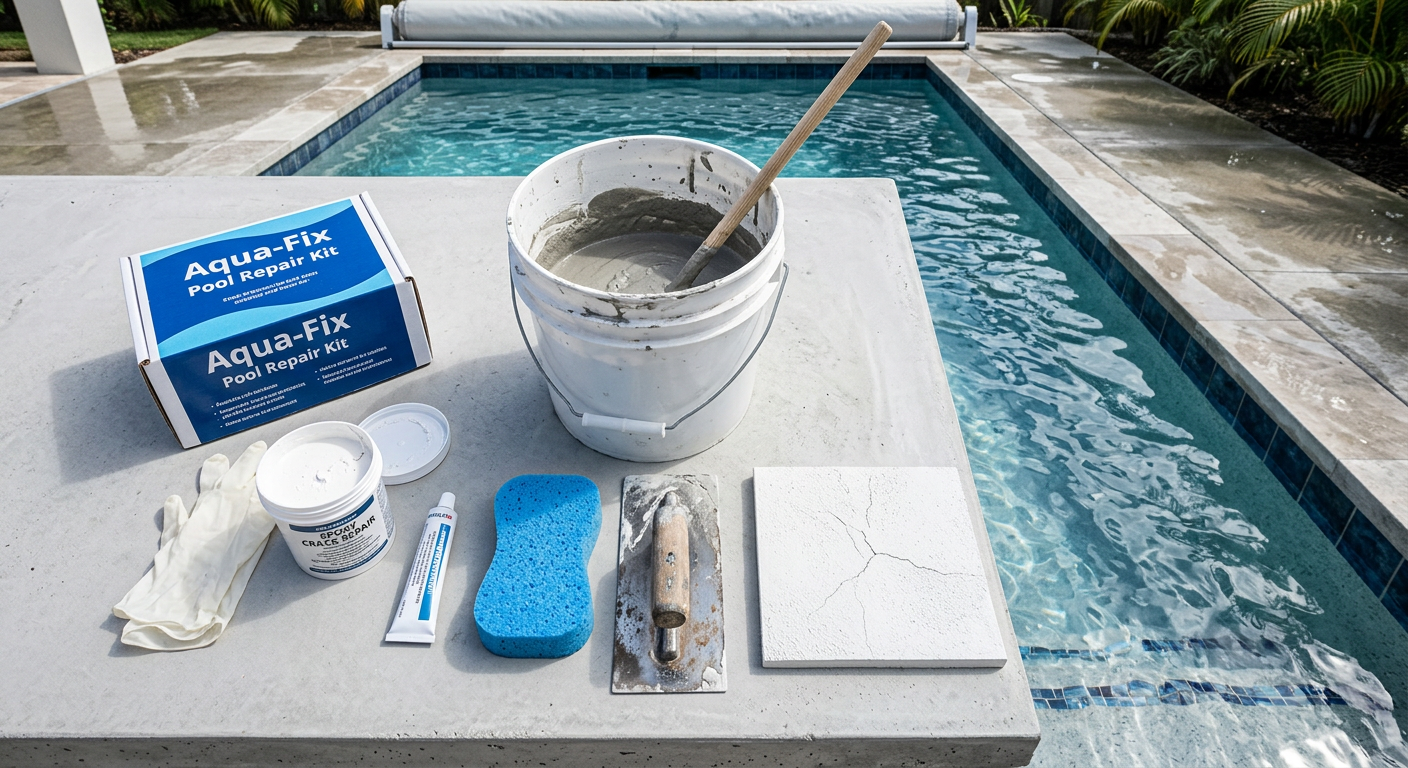 Overhead photorealistic scene of a pool repair kit, mixing bucket, sponge, trowel, and crack-filled plaster sample on a cl...