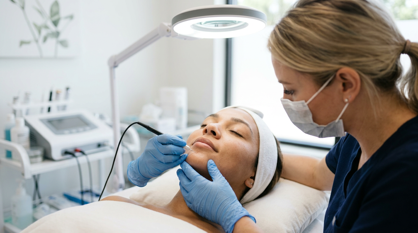 What To Expect During Electrolysis: A Phoenix Guide | Electrolysis Permanent Hair Removal in Phoenix | Senza Pelo Med Spa Close-up photorealistic treatment scene showing a gloved electrologist using a fine probe on a client’s chin area, with so...