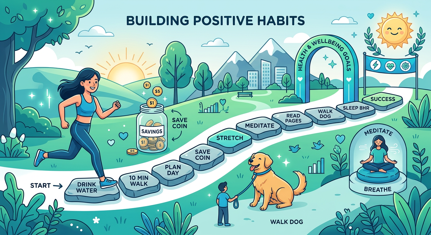 An illustrated process scene showing small habit steps connecting like stepping stones, with a runner, a savings jar, a do...
