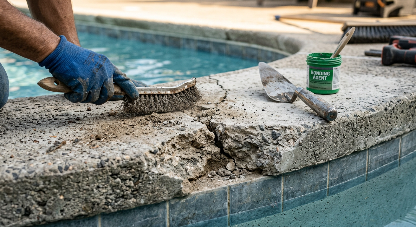 Close-up photorealistic in-content image of a cracked pool coping edge being cleaned and prepared for repair, with a wire ...