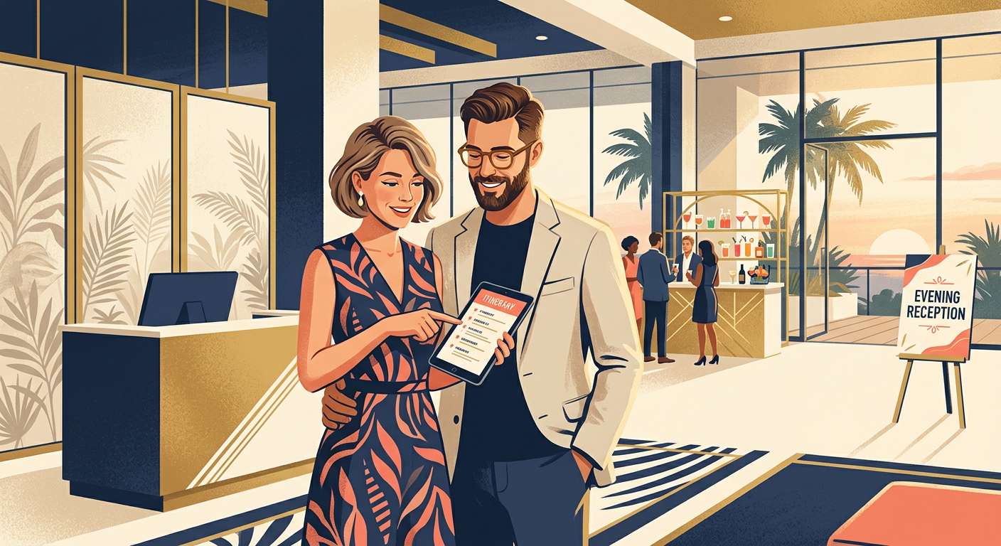 Modern editorial-style illustration of a couple reviewing a travel itinerary on a tablet while standing in a resort lobby ...