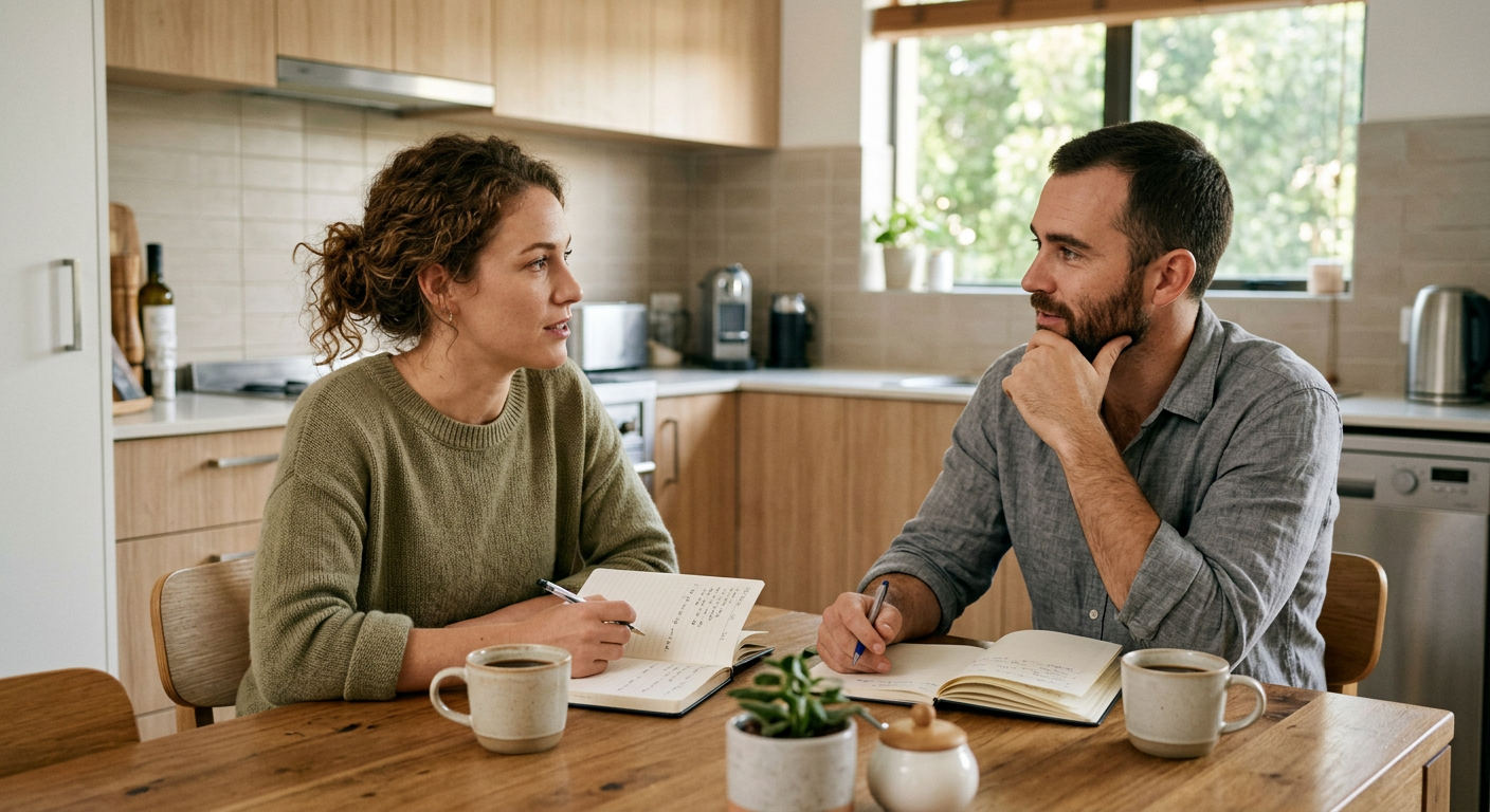 Photorealistic intimate lifestyle scene of two partners at a kitchen table with notebooks and coffee, discussing boundarie...