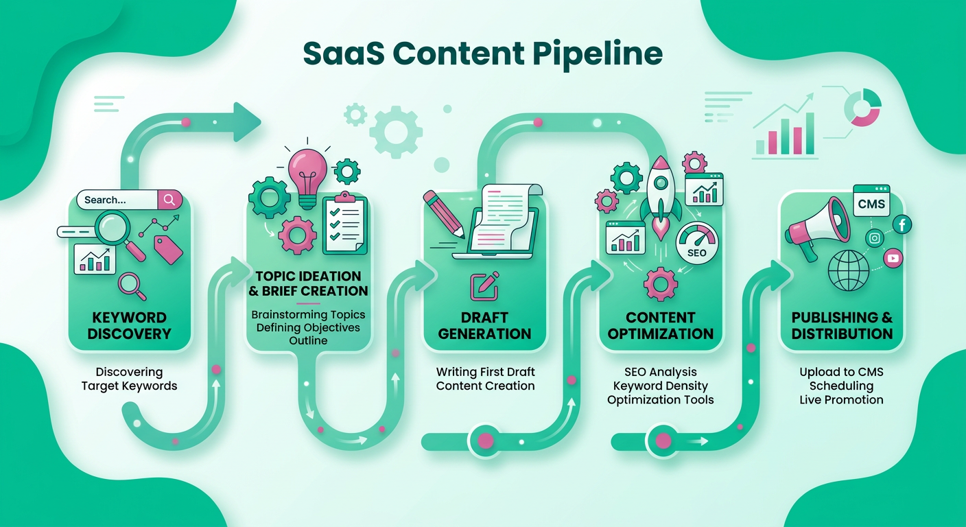A modern workflow visualization showing a SaaS content pipeline from keyword discovery to brief creation, draft generation...