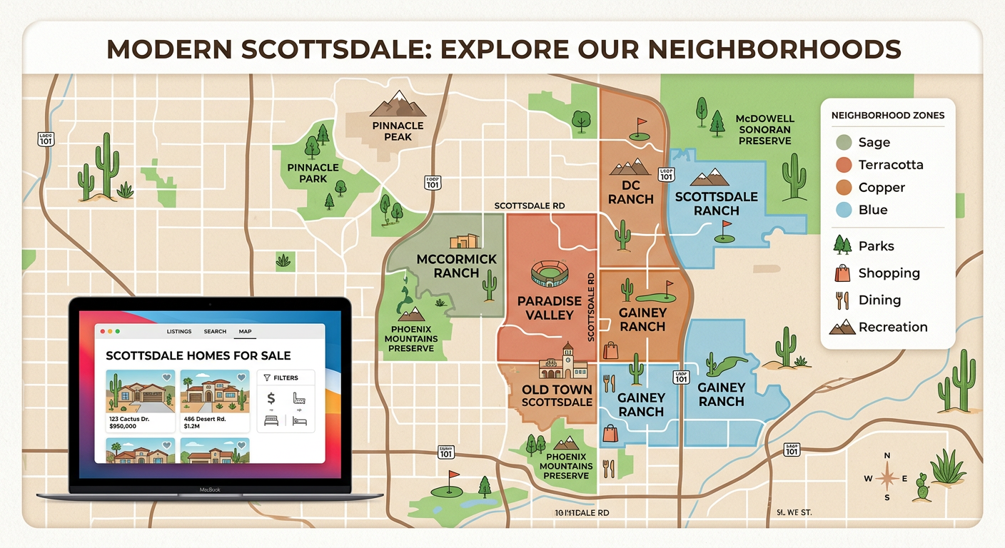 A modern illustrative map of Scottsdale with highlighted neighborhood zones, a laptop showing home listings, green park ac...