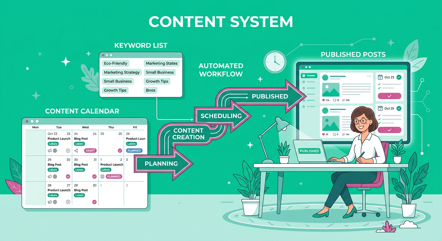 Flat-style illustration of a content system with a simple content calendar, keyword list, automated workflow arrows, and a...