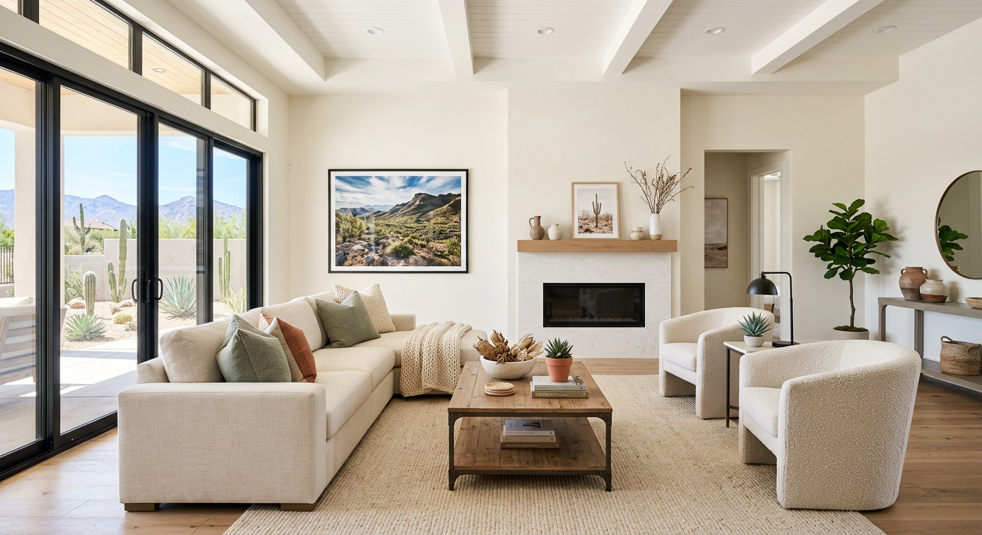 Bright modern Scottsdale living room staged for sale with neutral furniture, desert-inspired decor, natural light, clean l...