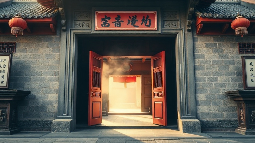 Porte d'entrée du temple Puji sur l'île de Putuo Shan, avec ses colonnes rouges et ses tuiles vernissées traditionnelles