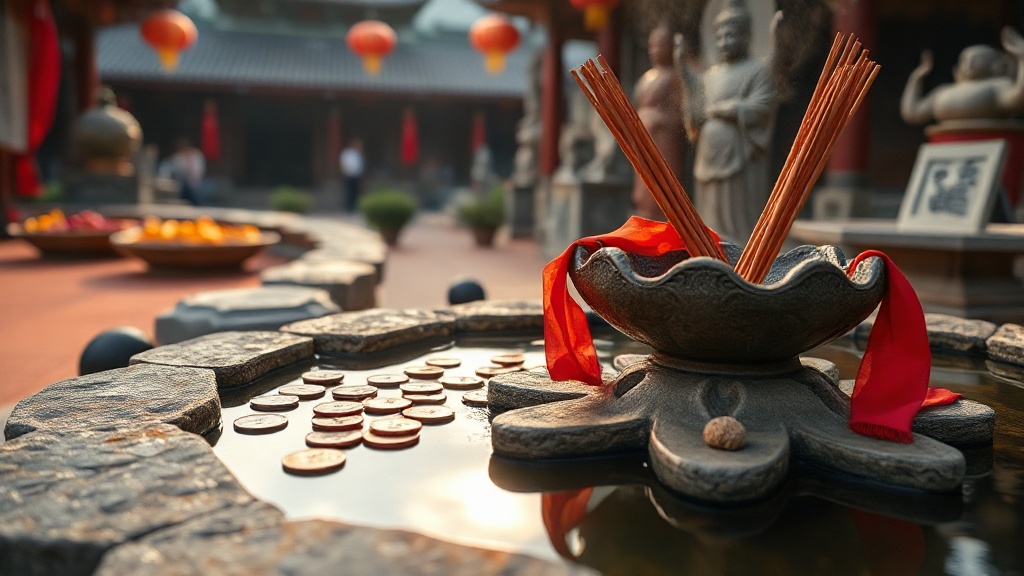 Bassin de lotus et brûle-encens en pierre devant le temple Puji lors d'un pèlerinage bouddhiste à Putuo Shan