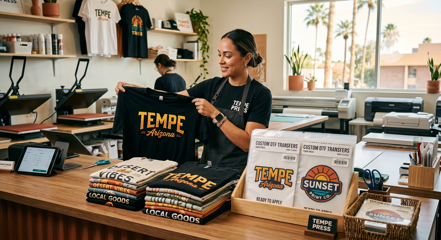 Photorealistic mid-scene of a small business owner in Tempe reviewing freshly pressed T-shirts and packaged transfers at a...