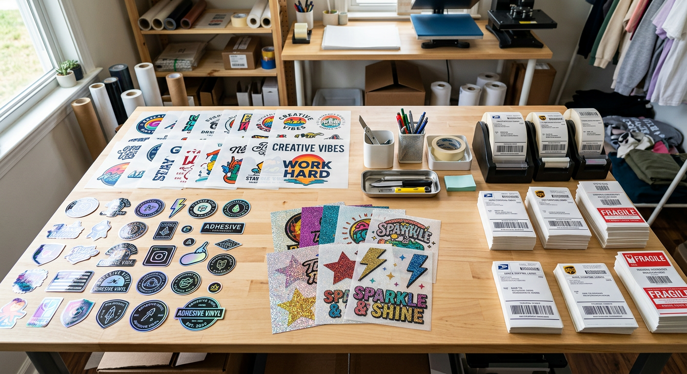 An overhead photorealistic view of assorted DTF transfer sheets, UV DTF stickers, glitter transfers, and stacked shipping ...