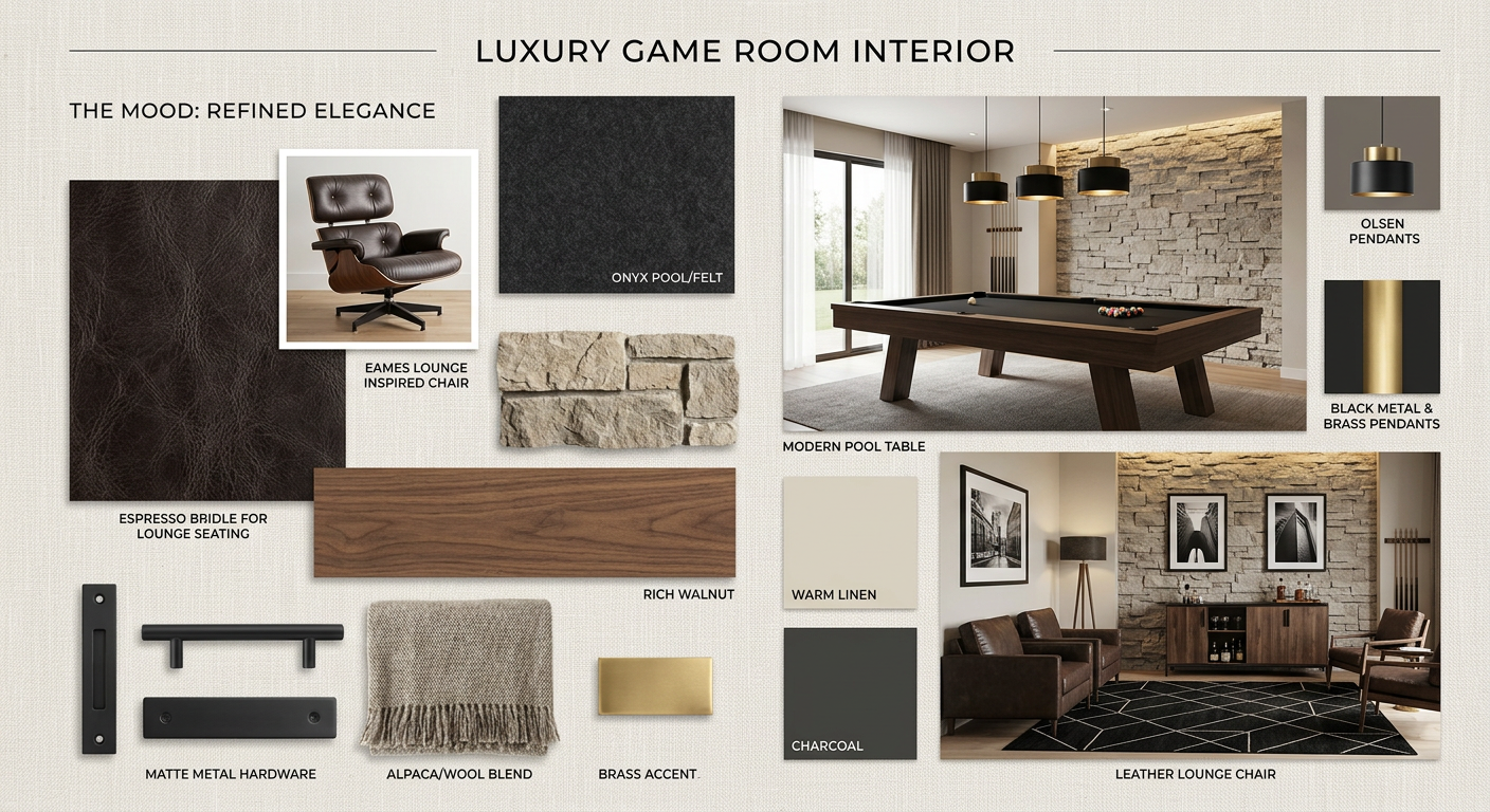 Interior design mood board style scene showing a luxury game room layout with material samples, a modern pool table, leath...