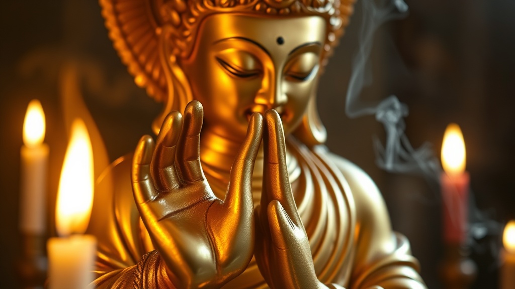 Détail d'une statue de Guanyin en or, mains en mudra, entourée d'encens dans un temple bouddhiste chinois