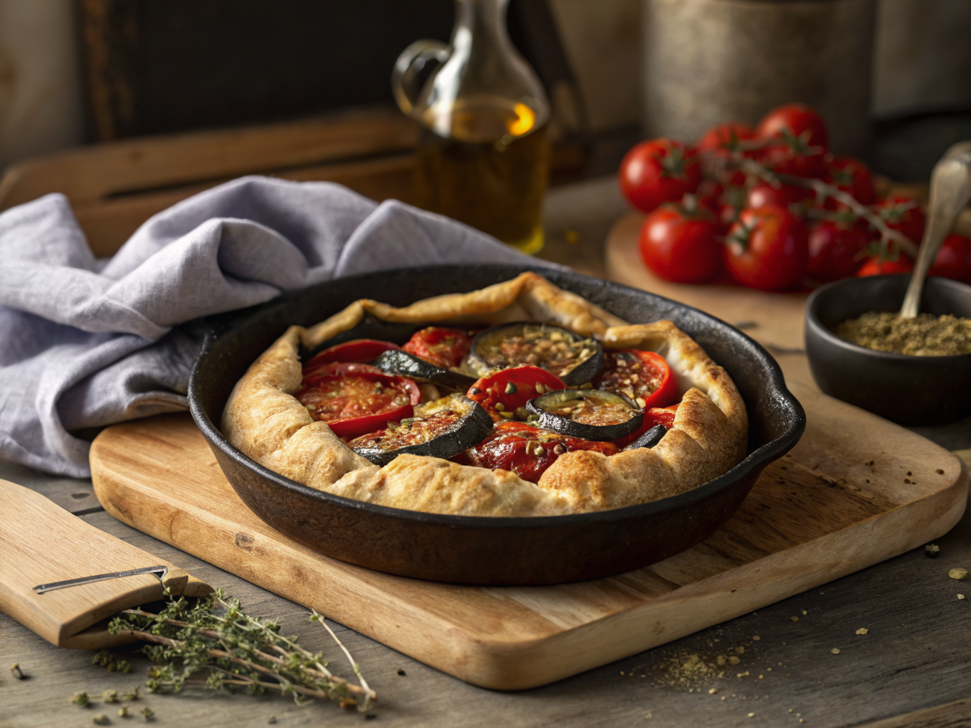 Roasted Aubergine & Tomato Galette with Za'atar Pastry