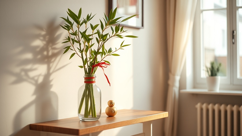 Lucky bamboo arrangement in a red-tied vase on a wooden shelf with a golden figurine in a cozy home interior