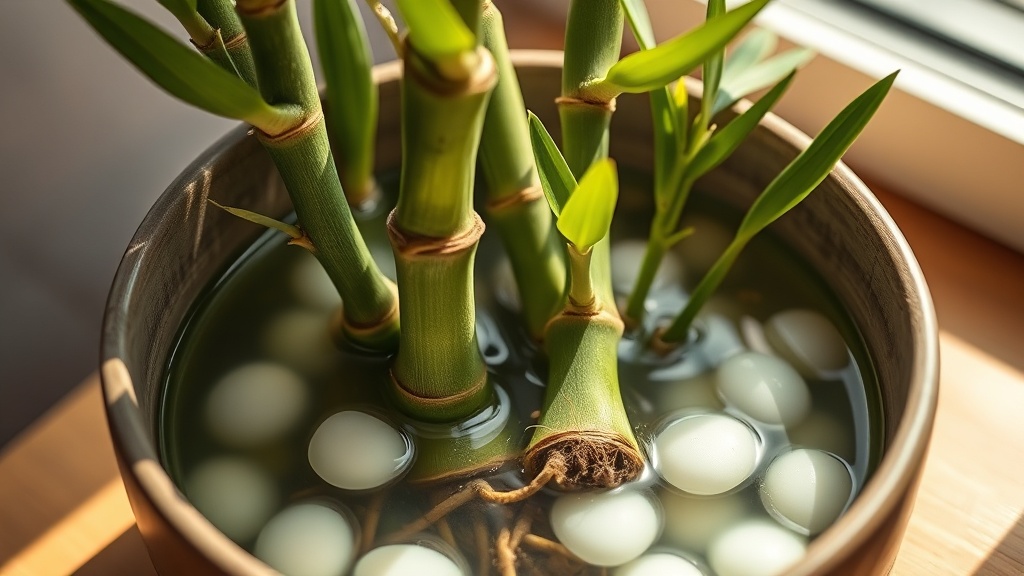 Lucky bamboo stalks with roots in a ceramic bowl filled with white pebbles and water