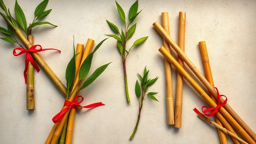 Multiple lucky bamboo stalks of different counts laid flat on a stone surface, some tied with red ribbon