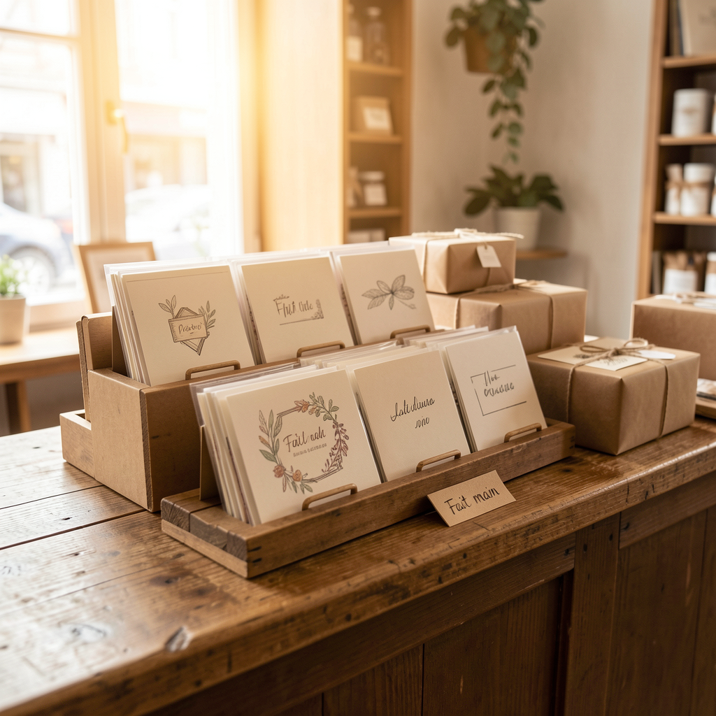 Comptoir de boutique avec cartes cadeaux artisanales, emballages en papier kraft