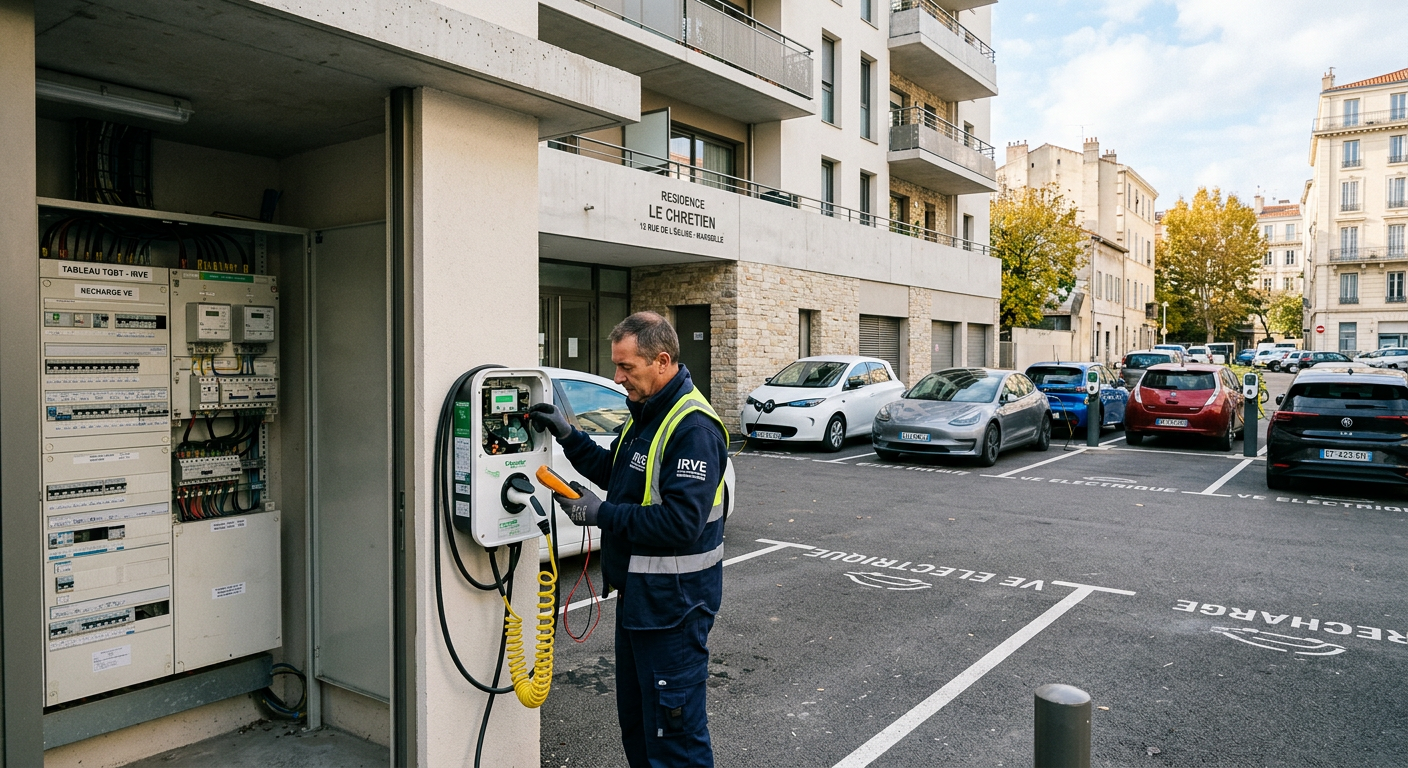 Vérification d'une borne de recharge électrique murale dans un parking en copropriété avec plusieurs véhicules en charge.