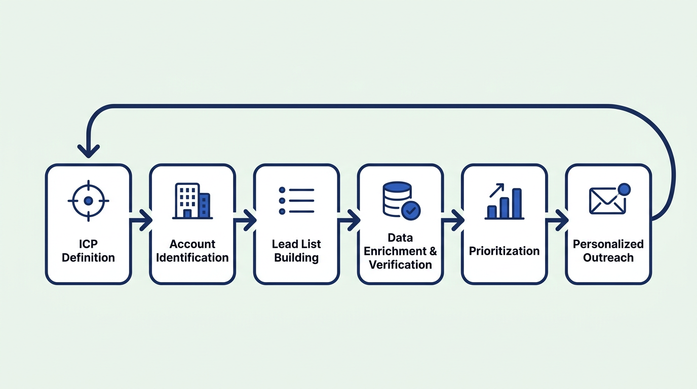 Six-stage B2B prospecting process flowchart from ICP definition to personalized outreach