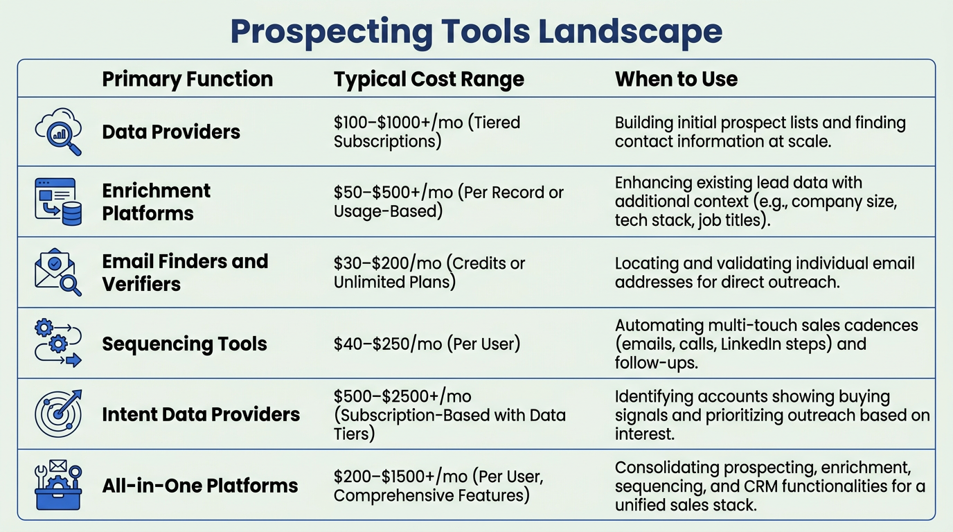 Prospecting tools comparison table showing categories, functions, costs, and use cases