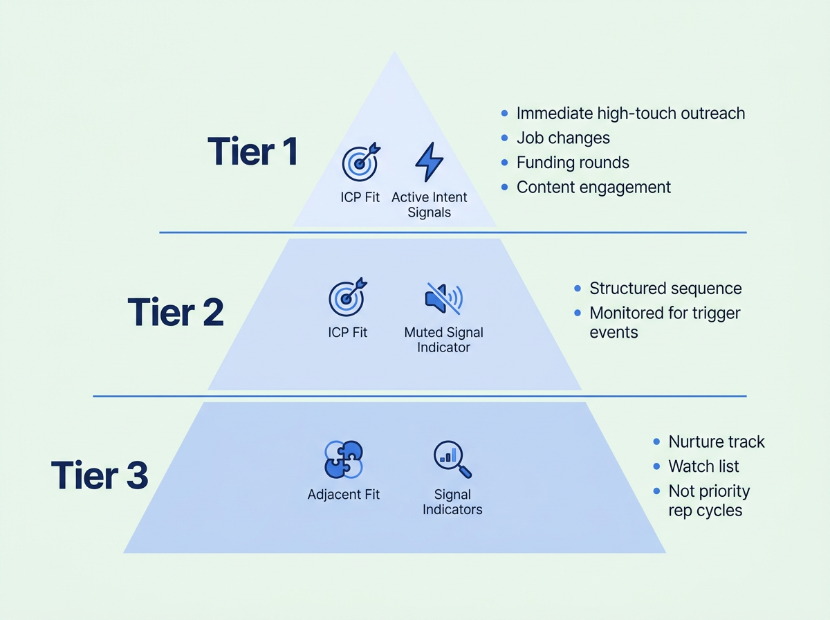 Three-tier prospect prioritization pyramid showing ICP fit and intent signals for B2B prospecting