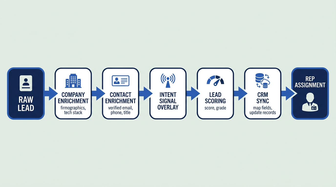 Horizontal flowchart showing lead enrichment workflow from raw lead to rep assignment