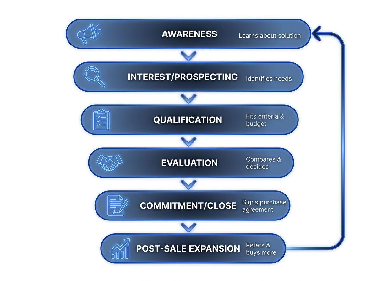 B2B sales funnel stages diagram from awareness to post-sale expansion