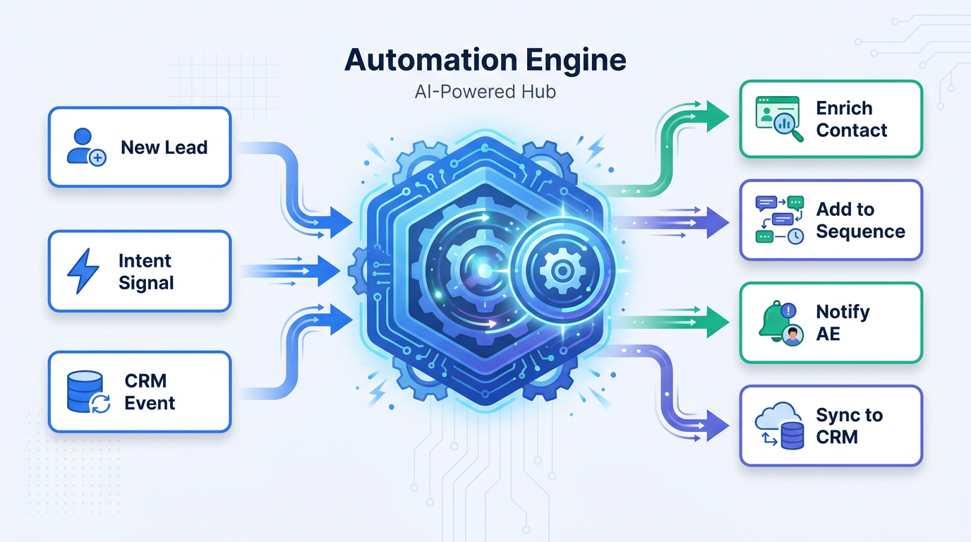 Automated GTM workflow pipeline diagram showing triggers, automation engine, and parallel actions