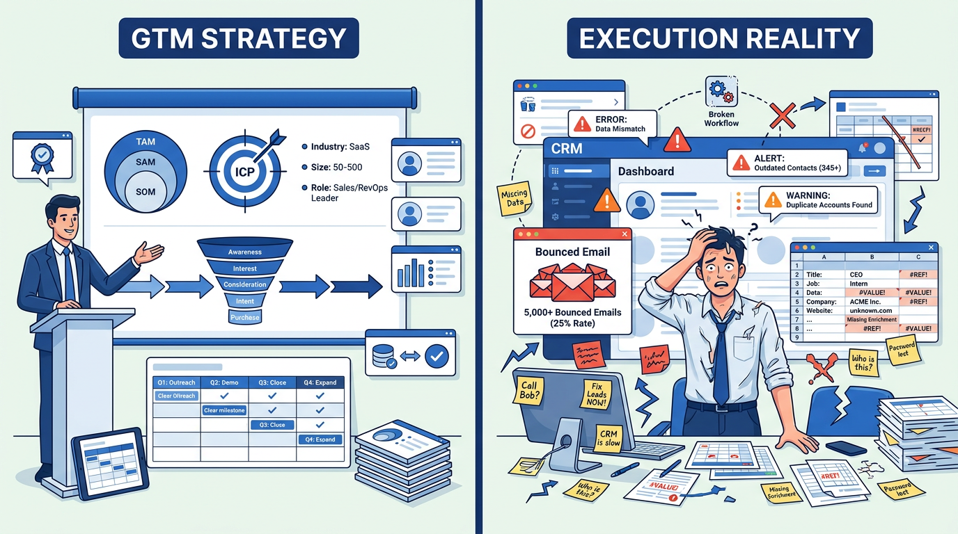 Go-to-market strategy planning versus chaotic execution gap illustration