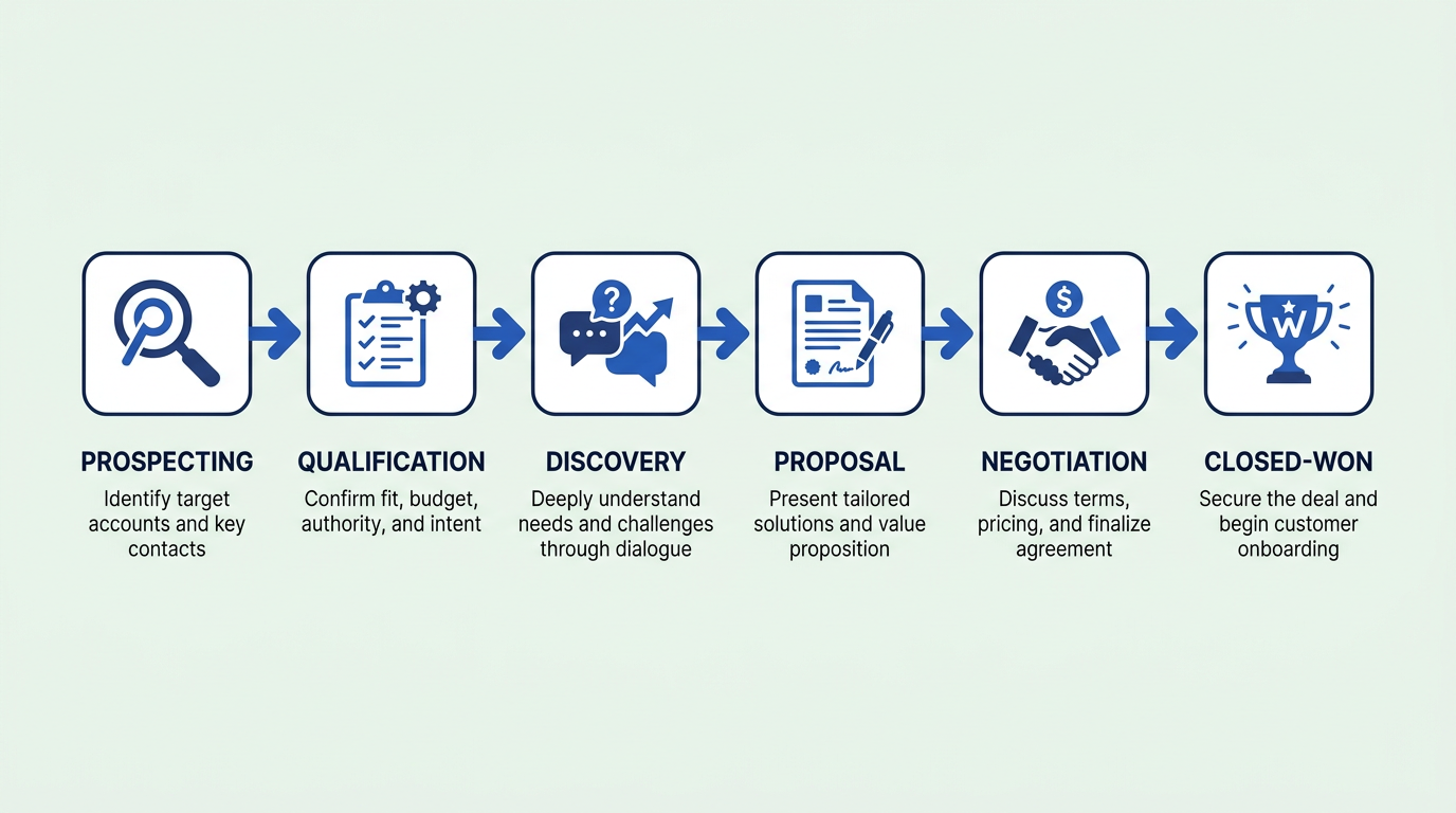 Horizontal flowchart of B2B sales process stages from prospecting to closed-won