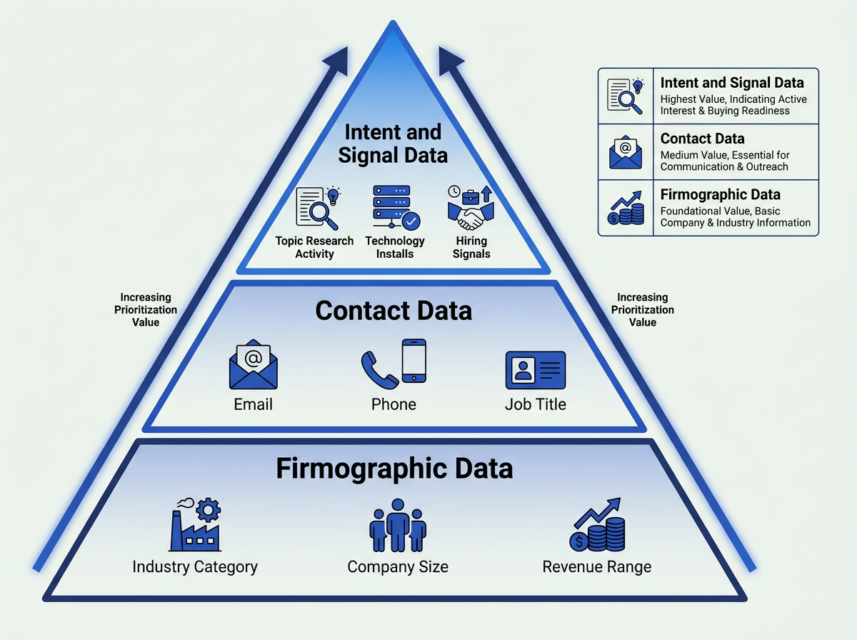 Prospecting data hierarchy pyramid from firmographic to intent signals for B2B sales