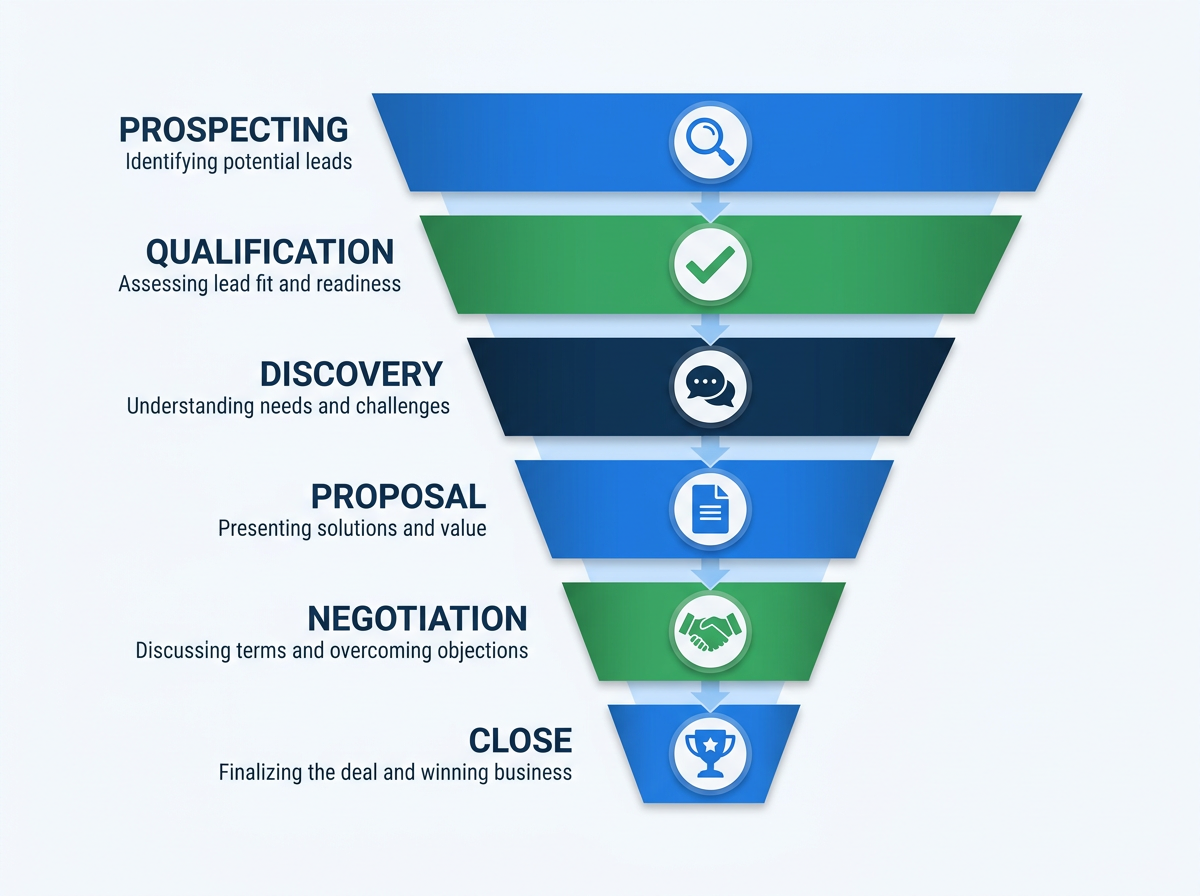 B2B sales process funnel diagram showing six stages from prospecting to close