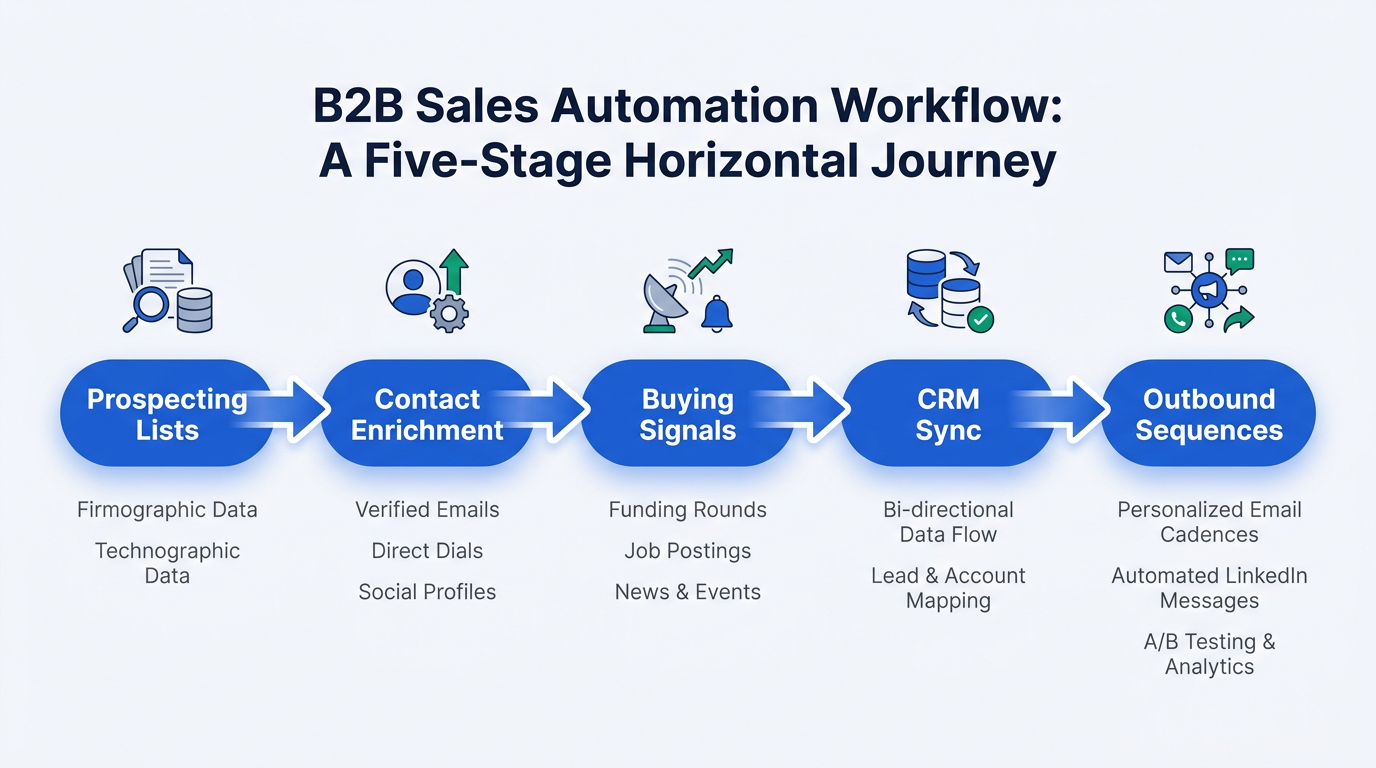 B2B sales automation workflow infographic from prospecting to outbound sequences